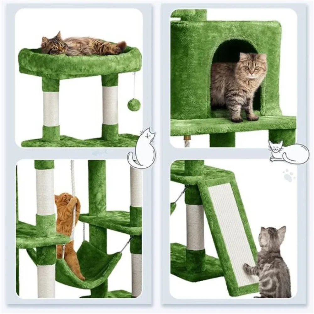 63in Multi-Level Tall Cat Tree w/Sisal-Covered Scratching Posts & Condo, Green